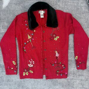 VTG Christmas Holiday Sweater Beaded Embroidery Faux Fur Collar